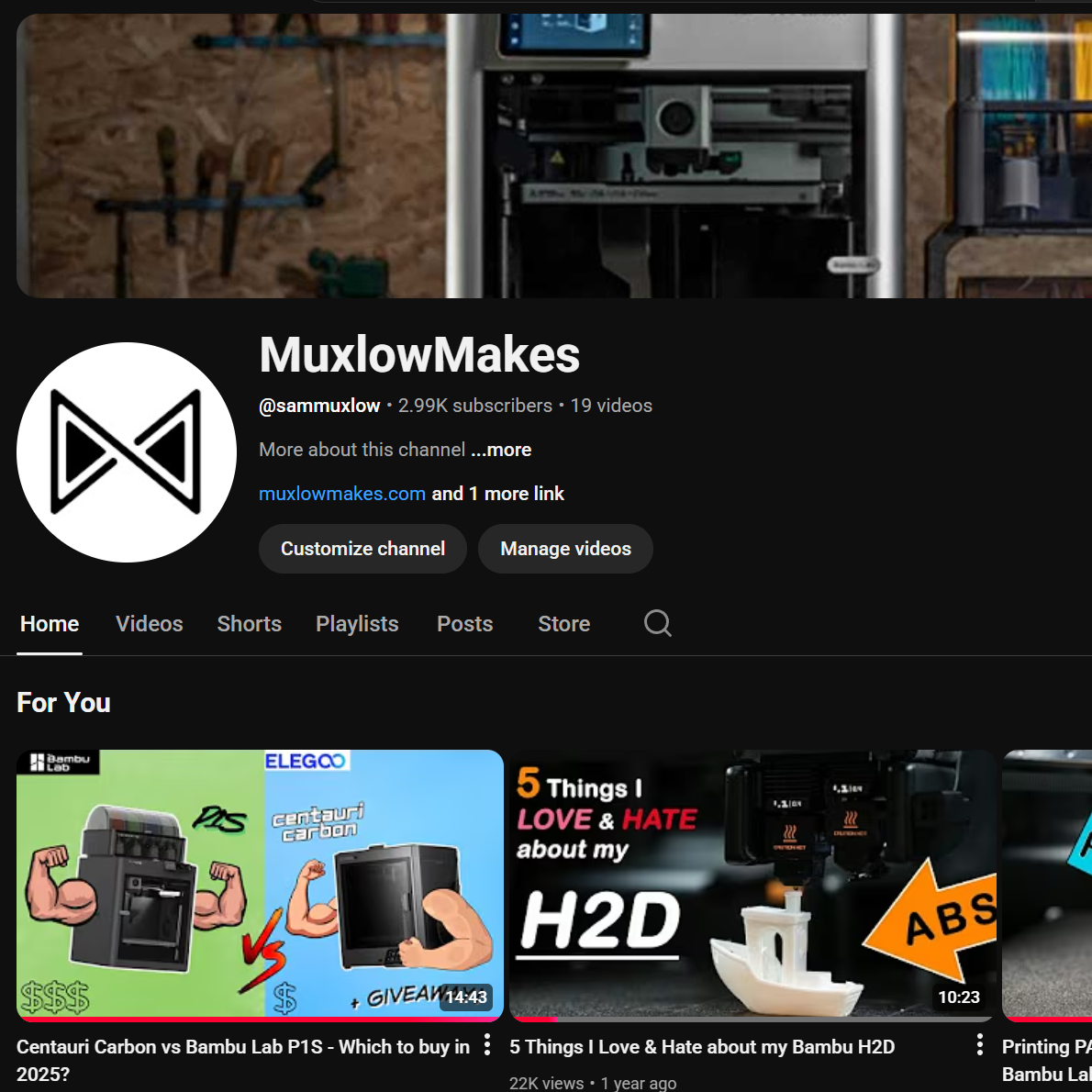 YouTube channel page for 'MuxlowMakes' with a focus on 3D printing and related topics.